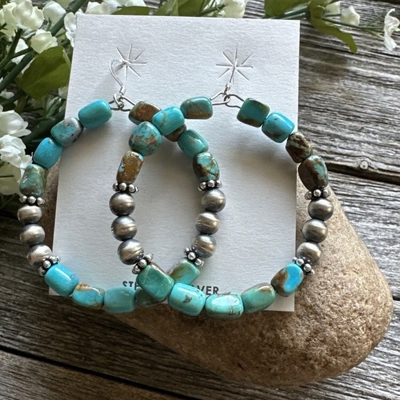 Sterling Silver Blue Green Turquoise Oxidized Pearls Bead Hoop Earrings 2.6 Inch - Picture 11 of 12
